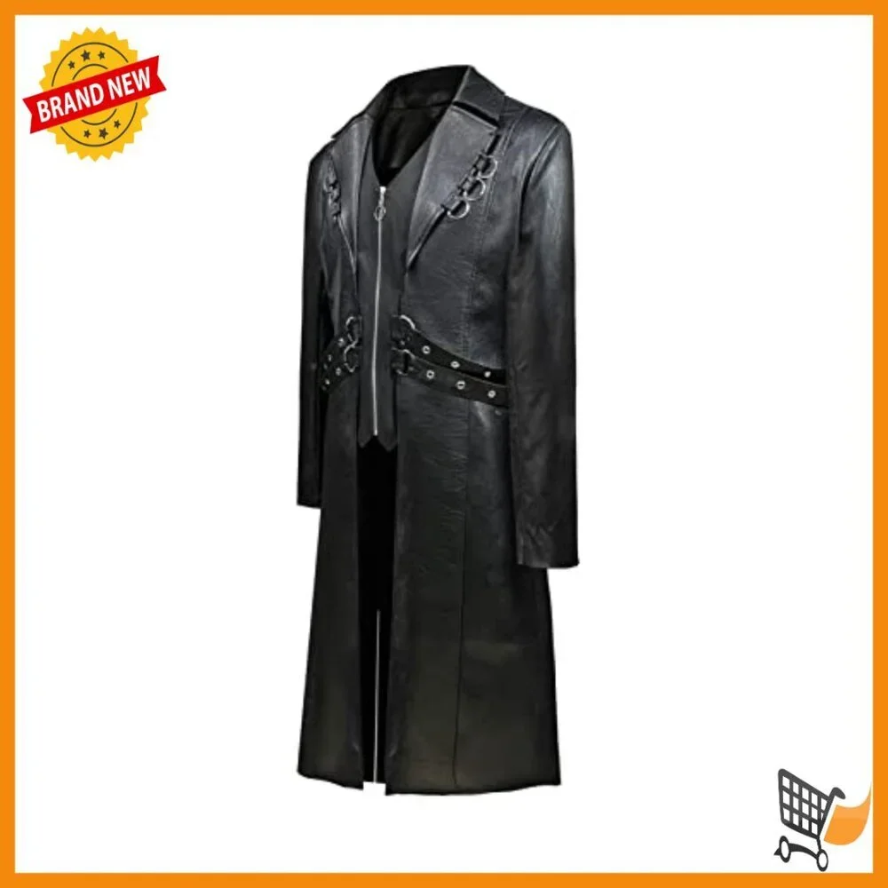 Men's Faux Leather Motorcycle Trench Coat Punk Style Long Jacket